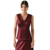 Exquise V Yaka Slim Fit Saten Görünümlü Vişne Bluz, VİŞNE, 36
