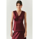 Exquise V Yaka Slim Fit Saten Görünümlü Vişne Bluz