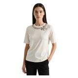 Exquise Yakası İşlemeli Kısa Kollu Örme Regular T-Shirt, S, E25K05173008, Beyaz, Kadın