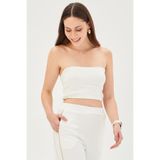 Exquise Yandan Lastikli Örme Straplez Slim Fit Crop Bluz, S, yandan-lastikli-orme-crop-a24k04122001, Beyaz, Kadın