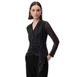 Exquise Yılan Desenli Kruvaze Uzun Kollu Slim Fit Tül Yeşil Bluz, M, E25K05122007, Yeşil-Siyah, Kadın