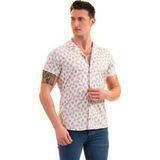 Exve Exclusive Bej Kahverengi Mavi Çiçek Baskılı Doğal Viskon Nefes Alan Slim Fit Kısa Kollu Erkek Gömlek
