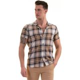 Exve Exclusive Bej Lacivert Beyaz Ekoseli Nefes Alan Slim Fit Kısa Kollu Erkek Gömlek
