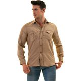 Exve Exclusive Bej Rengi Süet Çift Cepli Pamuk Western Stil Pamuk Slim Fit Gömlek - 2XL
