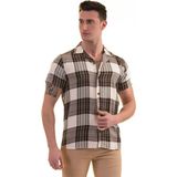 Exve Exclusive Bej Siyah Kırmızı Ekoseli Doğal Viskon Nefes Alan Slim Fit Kısa Kollu Erkek Gömlek