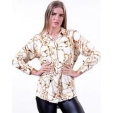 Exve Exclusive Bej Üzerine Altın Dore Desenli Oversize Rahat Dokuma Kadın Viskon Uzun Gömlek Tunik