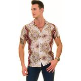 Exve Exclusive Bej Üzerine Kahve ve Mor Desenli Özel Tasarım Vual Pamuk Hawaii Apaş Yaka Kısa Kollu Yazlık Gömlek - 2XL - Beyaz