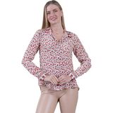 Exve Exclusive Bej üzerine Kırmızı Çiçek Baskılı Hafif Dökümlü %100 Saf İpek Sırtı Körüklü Silk Kadın Gömlek