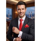 Exve Exclusive Beyaz Duble Manşet Slim Fit Gömek ile Türk Bayraklı Kravat, Kol Düğmesi ve Mendil 4'lü Hediyelik Kutulu Set - Beyaz - Kırmız