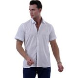 Exve Exclusive Beyaz Flamlı Keten Siyah Şal Desen Yaka ve Garni Detaylı Slim Fit Kısa Kollu Gömlek - XL