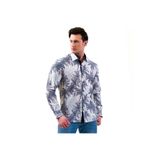 Exve Exclusive Beyaz Flamlı Keten Üzerine Lacivert Yeşil Hawaii Palmiye Baskılı Slim Fit Uzun Kol Erkek Gömlek