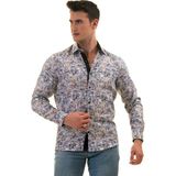Exve Exclusive Beyaz Üzeri Mavi Krem Yaprak Baskı Karton Kutulu Slim Fit Uzun Kol Erkek Gömlek - XL