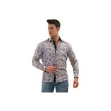 Exve Exclusive Beyaz Üzeri Mavi Krem Yaprak Baskı Karton Kutulu Slim Fit Uzun Kol Erkek Gömlek
