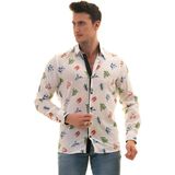 Exve Exclusive Beyaz Üzeri Renkli Kaktüs Baskılı Flamlı Nefes Alan Slim Fit Gömlek - 2XL