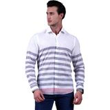Exve Exclusive Beyaz Üzerine Gri Çizgili Kırmızı Finişli Özel Kesim Pamuk Keten Slim Fit Erkek Gömlek - XL