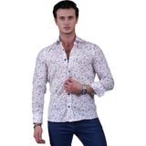 Exve Exclusive Beyaz üzerine Kırmızı Lacivert Yaprak Baskılı Pamuk Slim Fit Erkek Gömlek