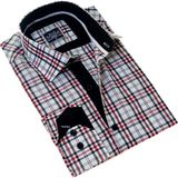 Exve Exclusive Beyaz Üzerine Kırmızı Siyah Ekose Kareli Slim Fit Uzun Kol Erkek Gömlek
