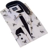Exve Exclusive Beyaz Üzerine Siyah Kuş Baskılı Pamuk Slim Fit Uzun Kol Erkek Gömlek10 - 2XL