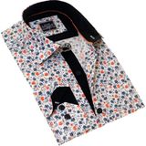 Exve Exclusive Beyaz Üzerine Turuncu Mavi Çiçek Desen Baskılı Slim Fit Uzun Kol Erkek Gömlek10 - Beyaz - Turuncu
