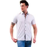 Exve Exclusive Beyaz ve Buz Mavisi Ekose Kareli Göğüs Pat Detaylı Slim Fit Kısa Kollu Pamuk Gömlek - XL