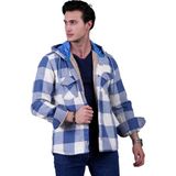 Exve Exclusive Gök Mavi Bej Ekose Dama Kareli Kapüşonlu Içi Yün Kürklü Kışlık Oduncu Ceket Gömlek - 2XL