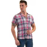Exve Exclusive Gri Pembe Lacivert Ekoseli Pamuk Nefes Alan Slim Fit Kısa Kollu Erkek Gömlek - XL