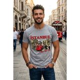 Exve Exclusive Gri Üzerine Kırmızı Istanbul Yazılı ve Nostaljik Tramvay Fotoğraf Baskılı Erkek Tişört Pamuk Penye T-Shirt