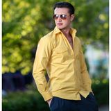 Exve Exclusive Güneş Sarısı Pamuk Likra Outdoor Çift Cep Kapaklı Slim Fit Western Gömlek