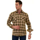 Exve Exclusive Haki Yeşil Bej & Turuncu Ekoseli Yünlü Kışlık Cep Detaylı Western Slim Fit Gömlek - 2XL