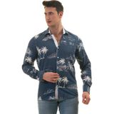 Exve Exclusive Indigo Mavi Hawaii Desen Baskılı Nefes Alan Slim Fit Gömlek - XL