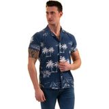 Exve Exclusive Indigo Mavi Hawaii Pamiye Desen Baskılı Nefes Alan Slim Fit Kısa Kollu Erkek Gömlek - 2XL