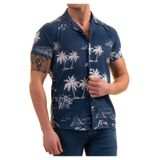Exve Exclusive Indigo Mavi Hawaii Pamiye Desen Baskılı Nefes Alan Slim Fit Kısa Kollu Erkek Gömlek