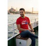 Exve Exclusive Kırmızı Üzerine Beyaz ve Mavi Renkli Boğaziçi Köprüsü Silüeti ve Istanbul Yazılı Erkek Tişört Pamuk Penye T-Shirt - Kırmızı - Beyaz