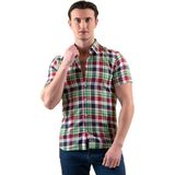 Exve Exclusive Kırmızı Yeşil Mavi Ekose Kareli Pamuk Slim Fit Kısa Kollu Yazlık Gömlek