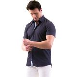 Exve Exclusive Lacivert Beyaz Baskılı Yaka ve Göğüs Içi Mavi Beyaz Gül Detaylı Slim Fit Kısa Kollu Pamuk Gömlek - XL