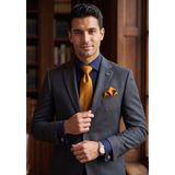 Exve Exclusive Lacivert Duble Manşet Slim Fit Gömek ile Hardal Kravat, Kol Düğmesi ve Mendil 4'lü Hediyelik Kutulu Set - Lacivert - Hardal - 2XL