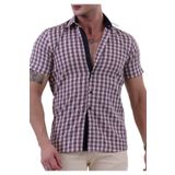 Exve Exclusive Lacivert Kırmızı Beyaz Ekose Kareli Slim Fit Kısa Kollu Yazlık Gömlek