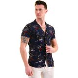 Exve Exclusive Lacivert Mavi Kırmızı Baskılı Havana Temalı Nefes Alan Slim Fit Kısa Kollu Erkek Gömlek