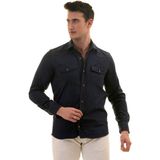 Exve Exclusive Lacivert Süet Çift Cepli Pamuk Western Stil Pamuk Slim Fit Gömlek - 2XL