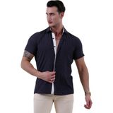 Exve Exclusive Lacivert Üzeri Beyaz Geometrik Desenli Pamuk Slim Fit Kısa Kollu Yazlık Gömlek - XL