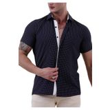 Exve Exclusive Lacivert üzeri Beyaz Geometrik Desenli Pamuk Slim Fit Kısa Kollu Yazlık Gömlek
