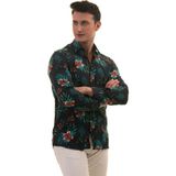 Exve Exclusive Lacivert Üzeri Bordo Çiçek Yeşil Yaprak Baskılı Tasarım Slim Fit Gömlek - XL
