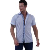 Exve Exclusive Mavi Flamlı Keten Yaka ve Göğüs Pat Baskı Detaylı Slim Fit Kısa Kollu Yazlık Gömlek - XL