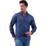 Exve Exclusive Mavi Lacivert Baklava Desenli Yünlü Kışlık Cep Detaylı Western Slim Fit Gömlek - 3XL