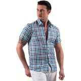 Exve Exclusive Mavi Turkuaz Beyaz Ekose Kareli Pamuk Slim Fit Kısa Kollu Yazlık Gömlek