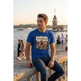 Exve Exclusive Mavi Üzerine Istanbul Yazılı ve Ayasofya Camii Illüstrasyon Baskılı Erkek Tişört Pamuk Penye T-Shirt