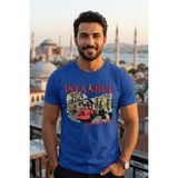 Exve Exclusive Mavi Üzerine Kırmızı Istanbul Yazılı Nostaljik Tramvay Fotoğraf Baskılı Erkek Tişört Pamuk Penye T-Shirt - Mavi - Kırmızı