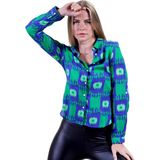 Exve Exclusive Mavi Yeşil Etnik Desenli Tasarım Slim Fit Kadın Gömlek - 2XL - Mavi - Yeşil