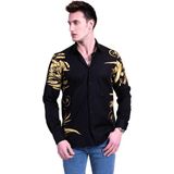 Exve Exclusive Siyah Altın Kol ve Beden Basskılı Tasarım Geniş Kesim Rahat Erkek Gömlek - 3XL