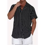 Exve Exclusive Siyah Beyaz Çizgili Viskon Havai Kısa Kollu Salaş Erkek Gömlek Yazlık Relax Kesim - 3XL